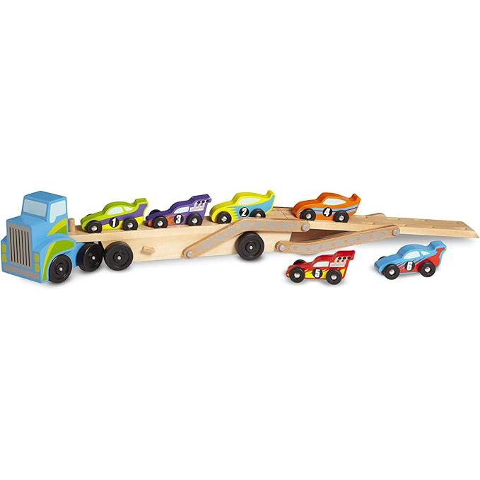 Melissa & Doug Wooden Race Car Carrier with 6 Cars