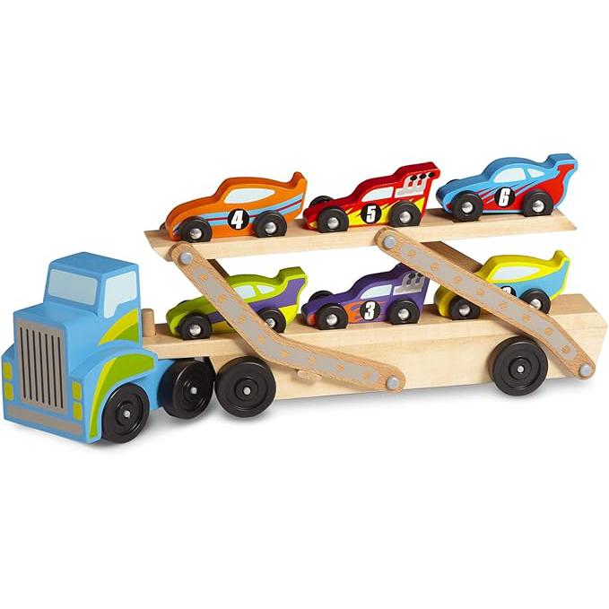 Melissa & Doug Wooden Race Car Carrier with 6 Cars