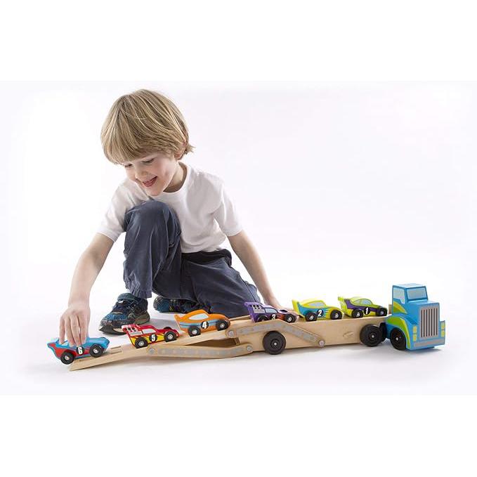 Melissa & Doug Wooden Race Car Carrier with 6 Cars