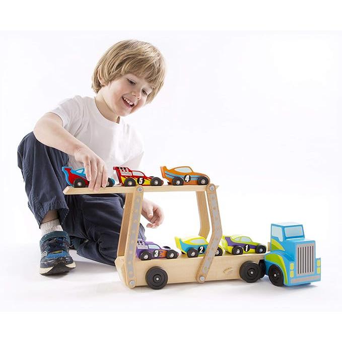 Melissa & Doug Wooden Race Car Carrier with 6 Cars