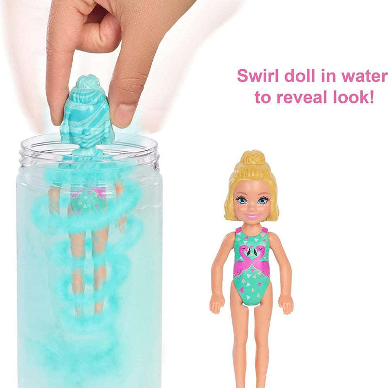 Barbie Chelsea Color Reveal Doll with 6 Surprises: 4 Bags  Contain Skirt or Pants, Shoes, Tiara & Balloon Accessory; Water Reveals  Confetti-Print Doll's Look & Color Change on Hair; Gift for